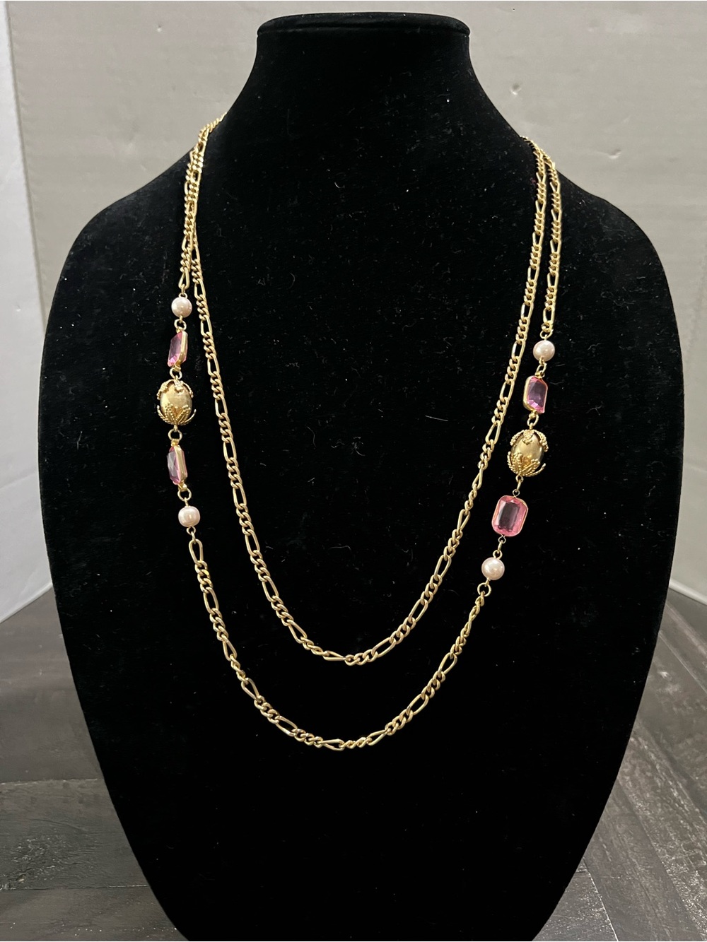 Gold-Tone Double Strand Necklace with Pink Gem Accents